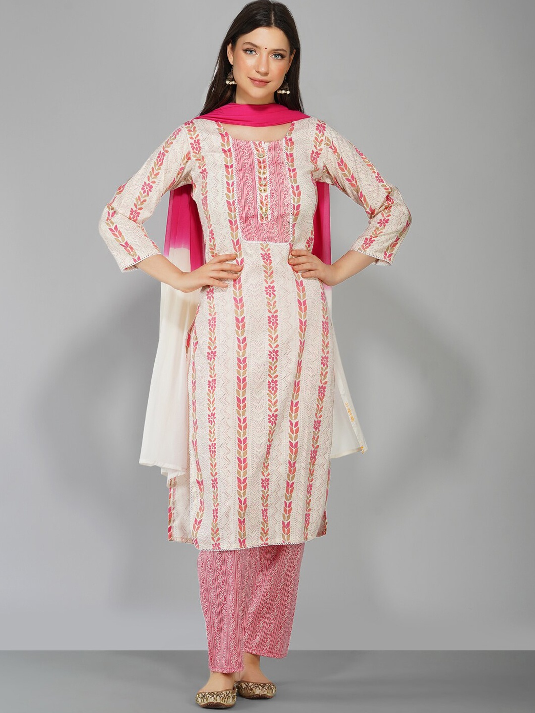 

Ziva Fashion Women Pink Ethnic Motifs Striped Kurta with Trousers & Dupatta