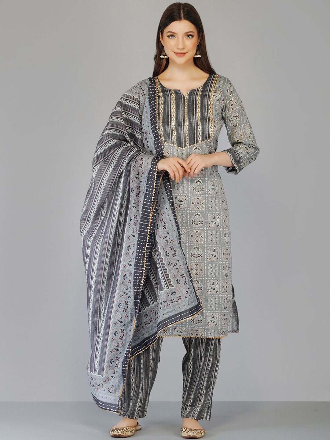 

Ziva Fashion Women Grey Ethnic Motifs Printed Pure Cotton Kurta with Salwar & With Dupatta