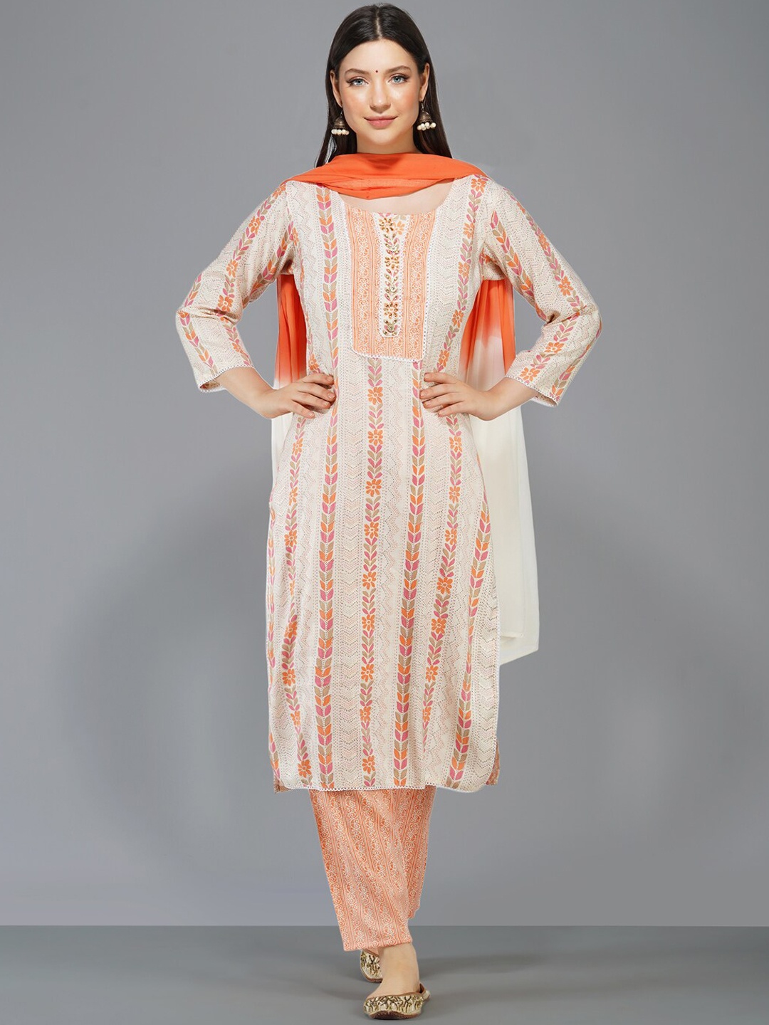 

Ziva Fashion Women Orange Striped Kurta with Trousers & With Dupatta