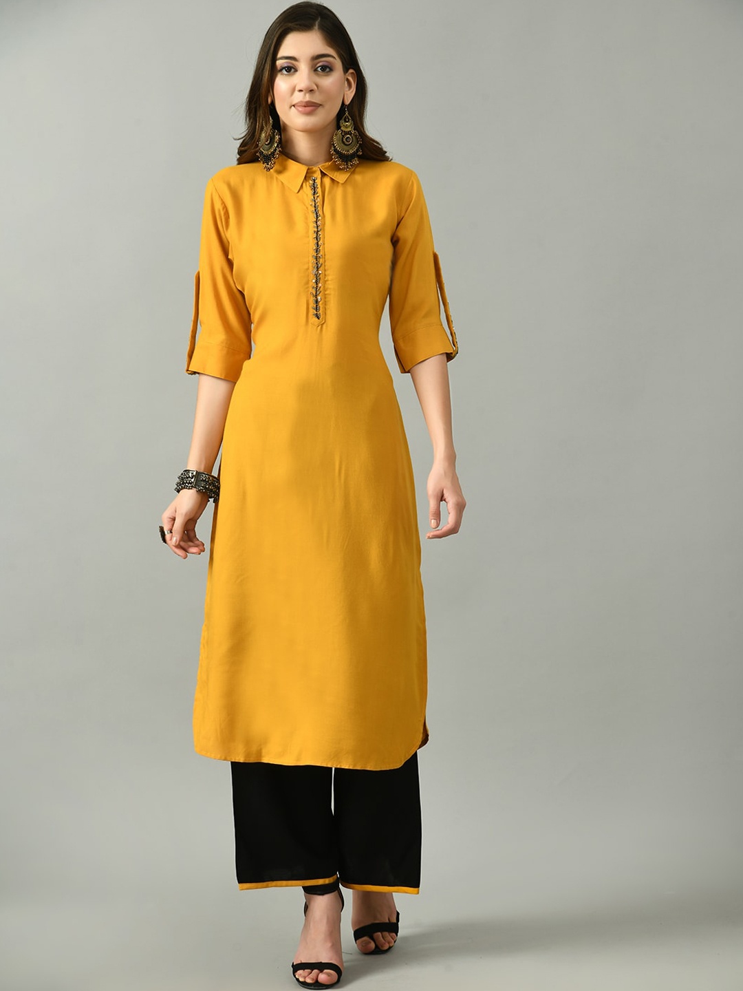 

DesiNoor com Women Mustard Yellow Pleated Kurti with Skirt