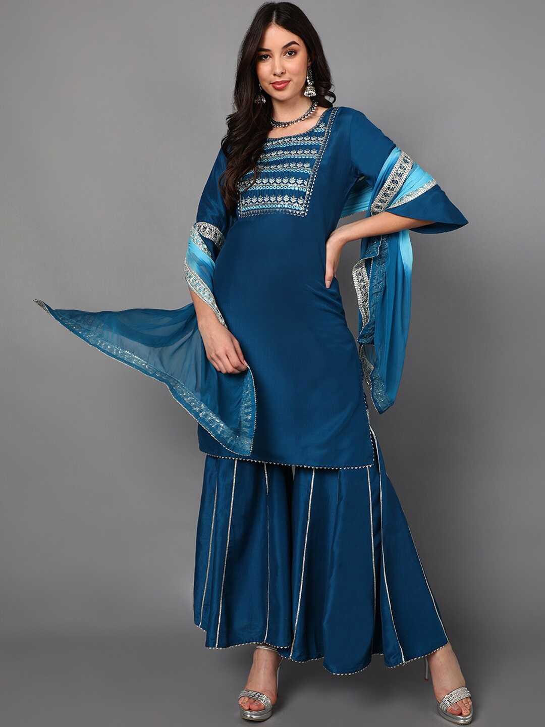 

AHIKA Women Teal Floral Embroidered Pleated Mirror Work Kurta with Sharara & Dupatta