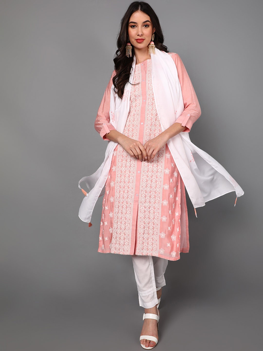 

AHIKA Women Pink & White Embroidered Poly Silk Kurta with Trousers & With Dupatta