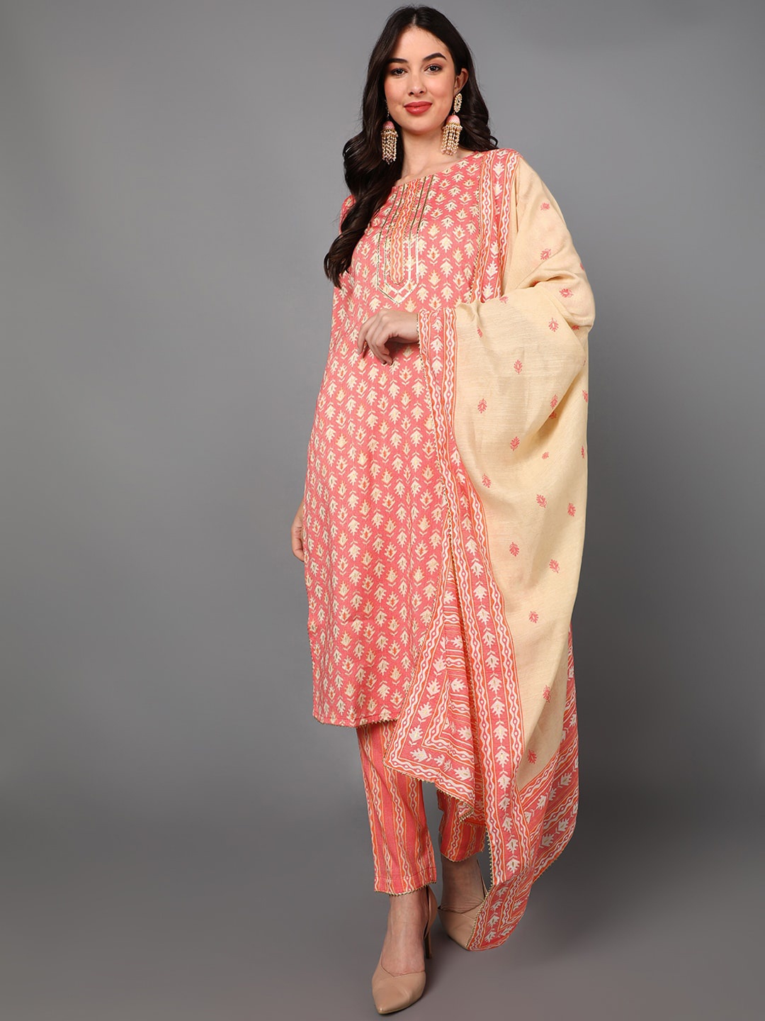 

AHIKA Women Pink Printed Pure Cotton Kurti with Trousers & With Dupatta