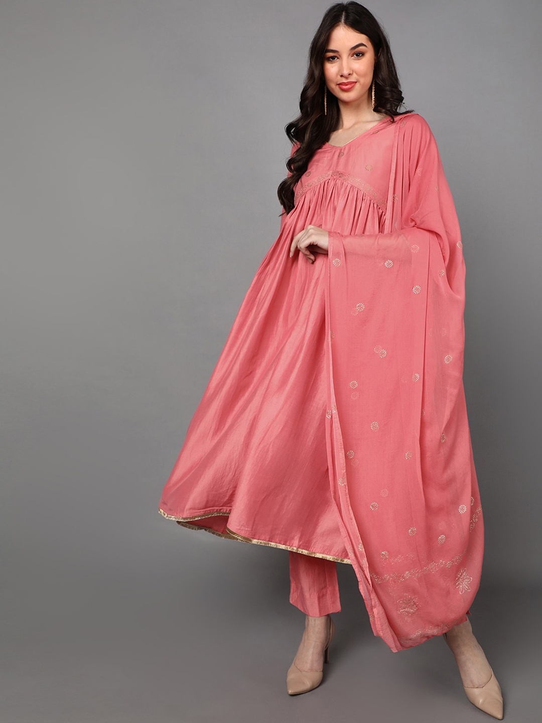 

AHIKA Women Pink Yoke Design Empire Kurta with Trousers & With Dupatta