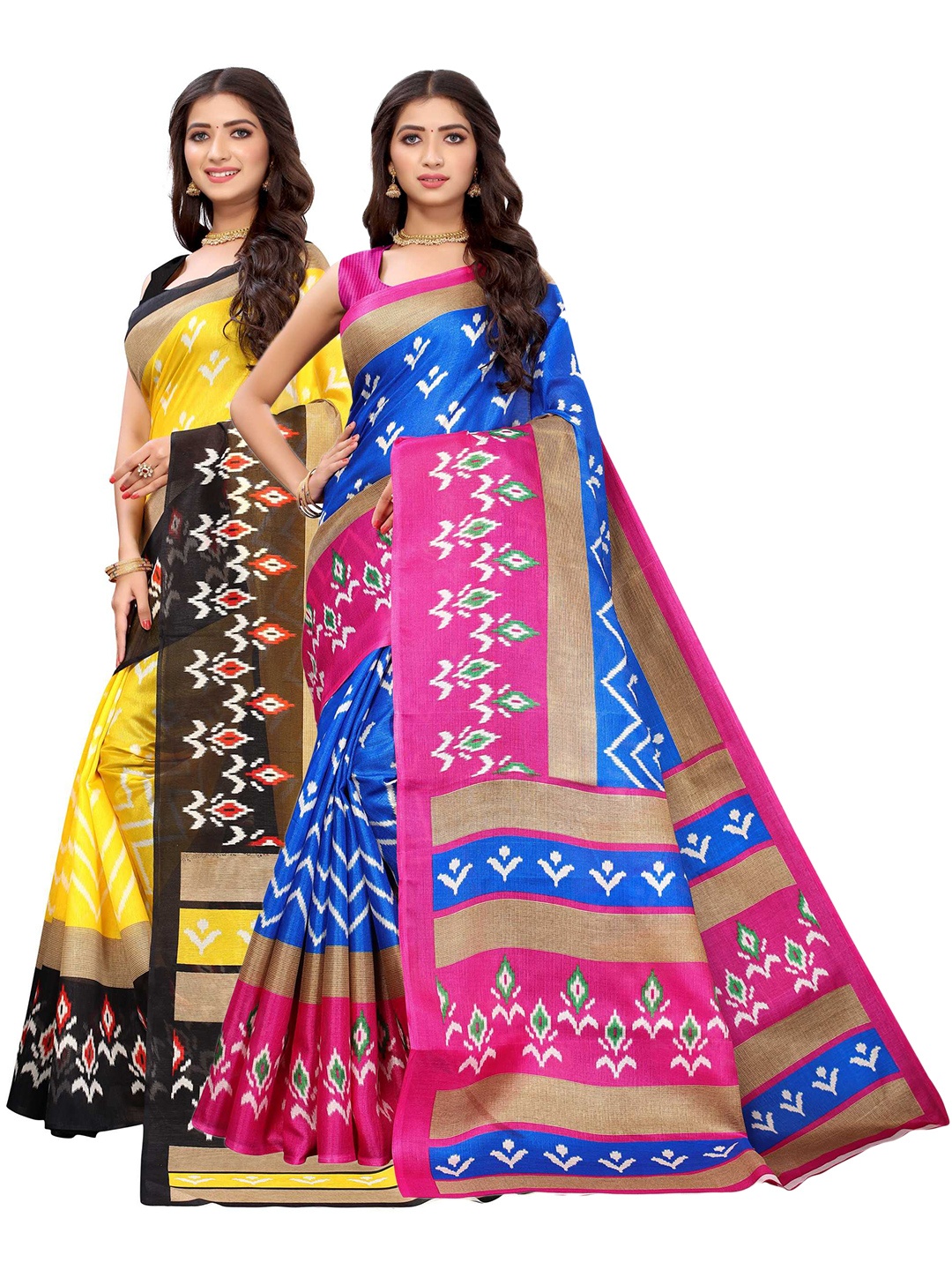 

AADVIKA Pack of 2 Women Blue & Yellow Ethnic Motifs Printed Sarees
