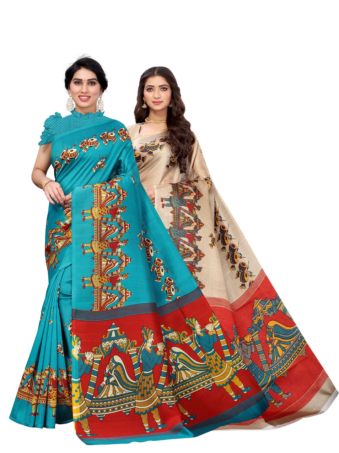 

AADVIKA Pack of 2 Women Blue & Beige Kalamkari Printed Sarees