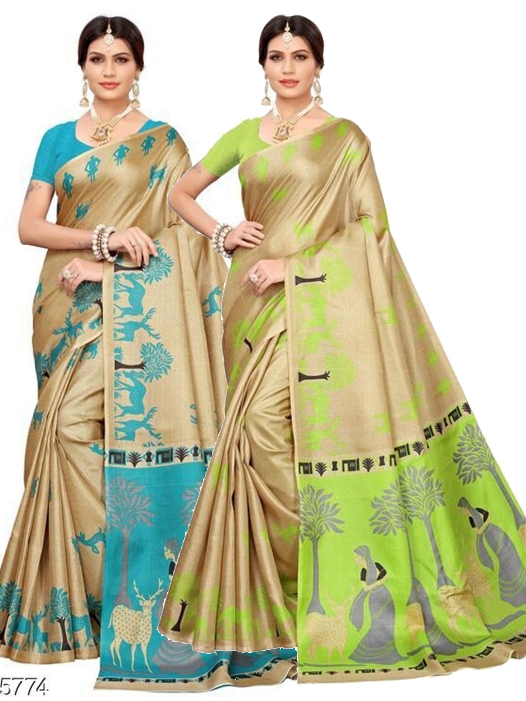 

AADVIKA Pack of 2 Women Gold Toned Blue & Green Kalamkari Printed Sarees