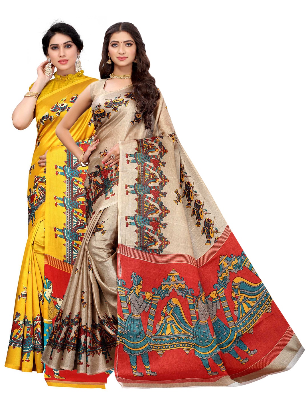 

AADVIKA Women Pack of 2 Yellow & Beige Ethnic Motifs Printed Saree