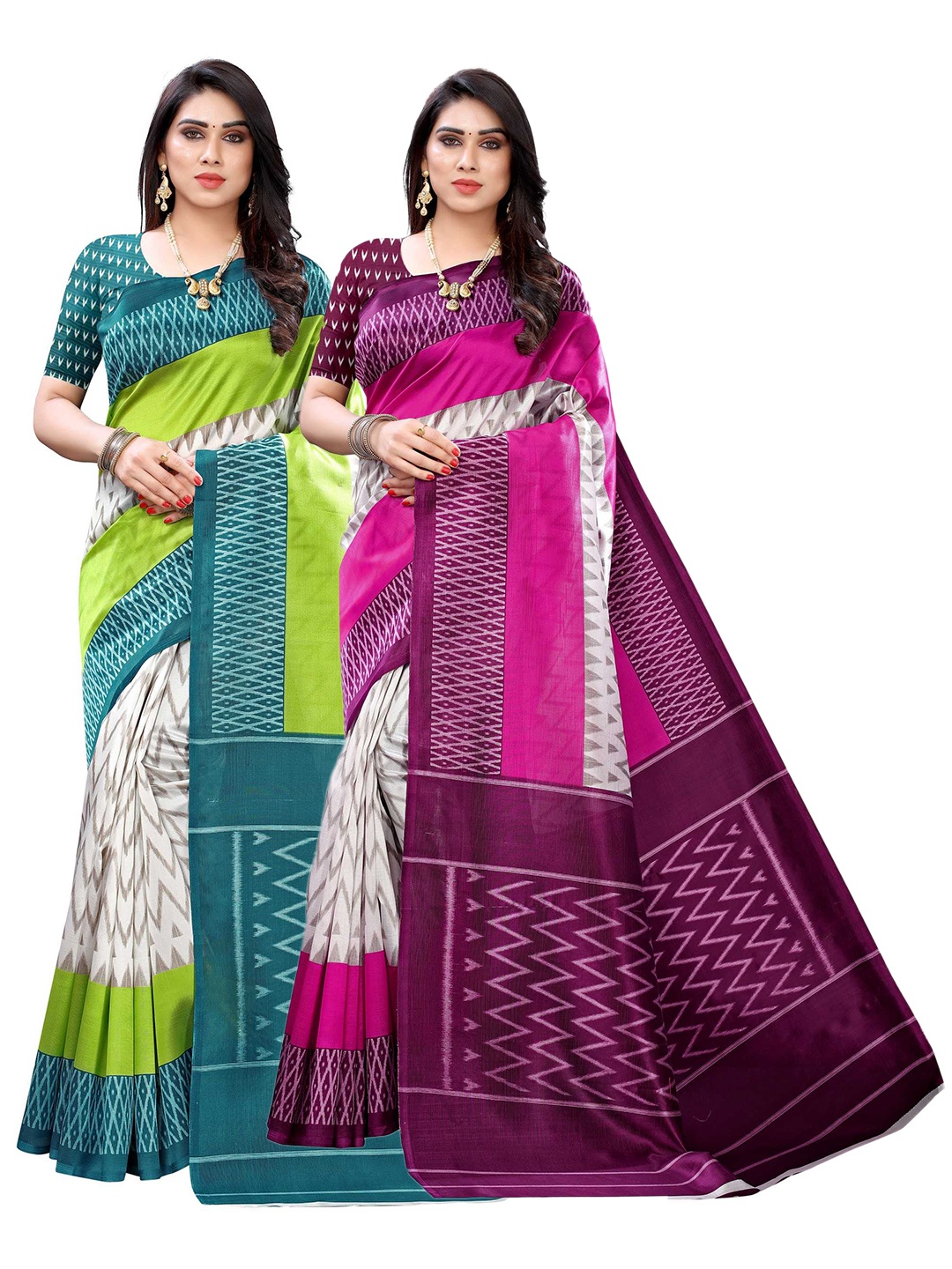 

AADVIKA Pack of 2 Women Green & Purple Geometric Printed Sarees, White