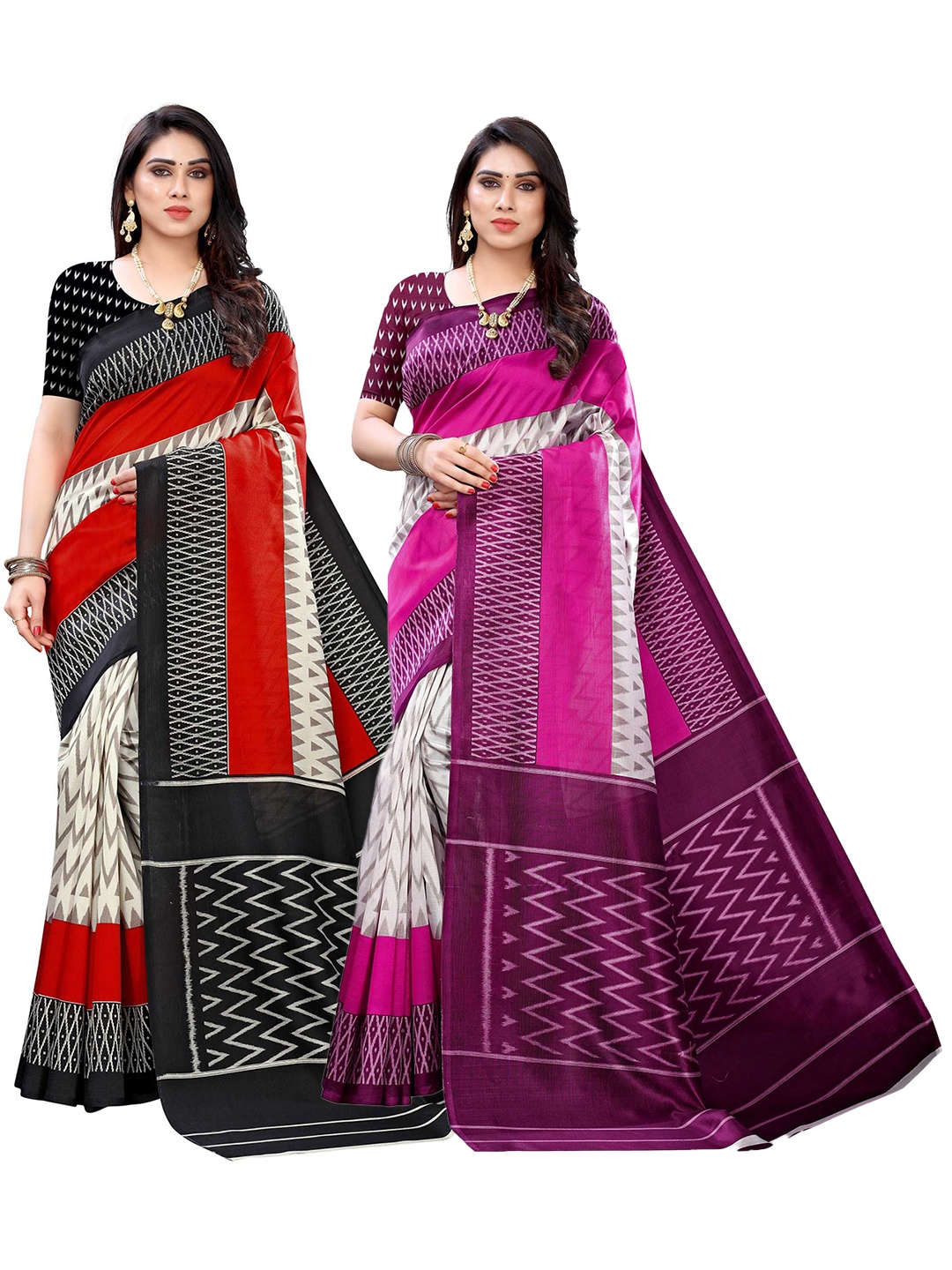 

AADVIKA Pack of 2 Women Red & Purple Geometric Printed Sarees