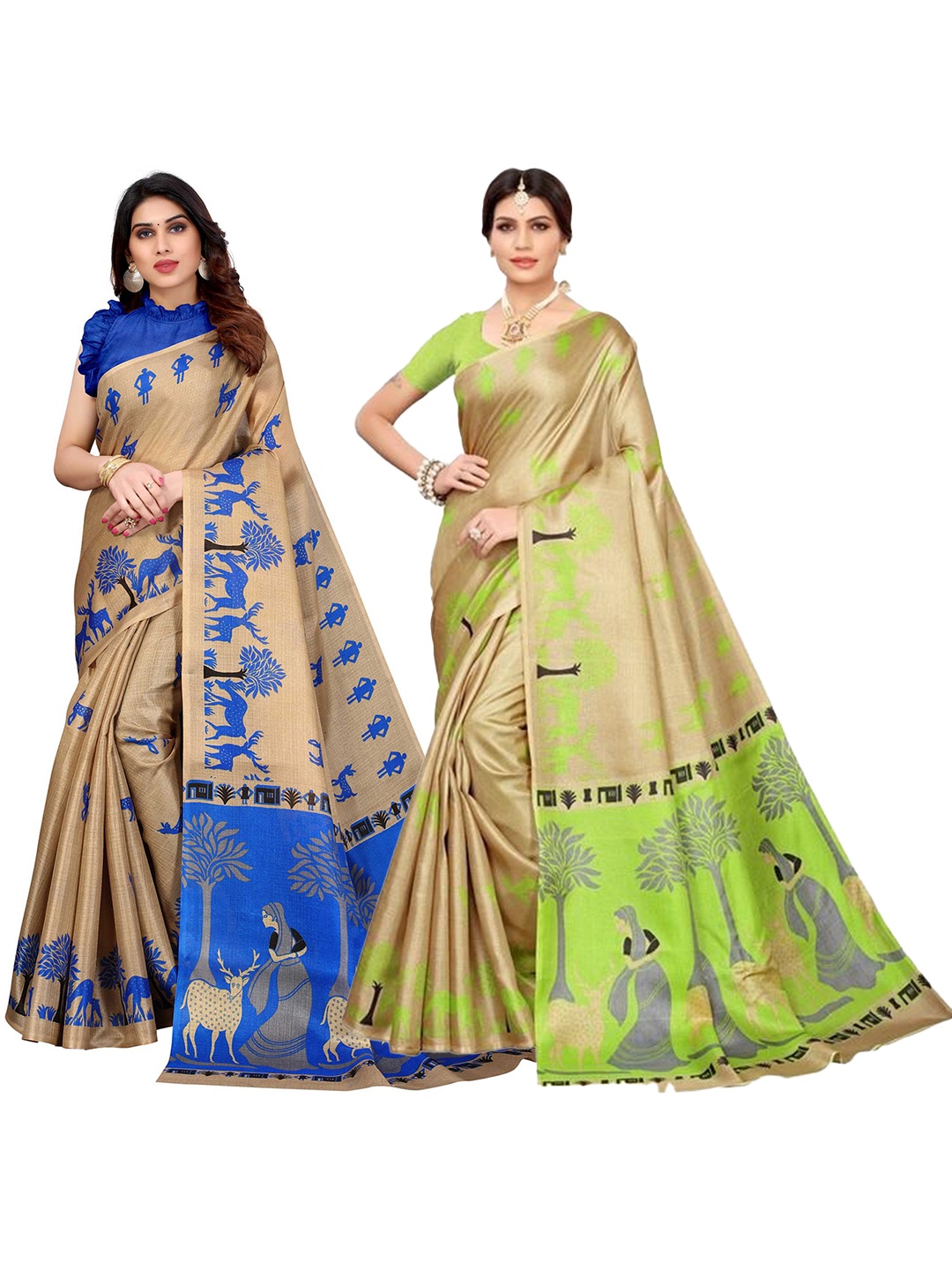 

AADVIKA Pack of 2 Women Gold Toned Blue & Green Kalamkari Printed Sarees