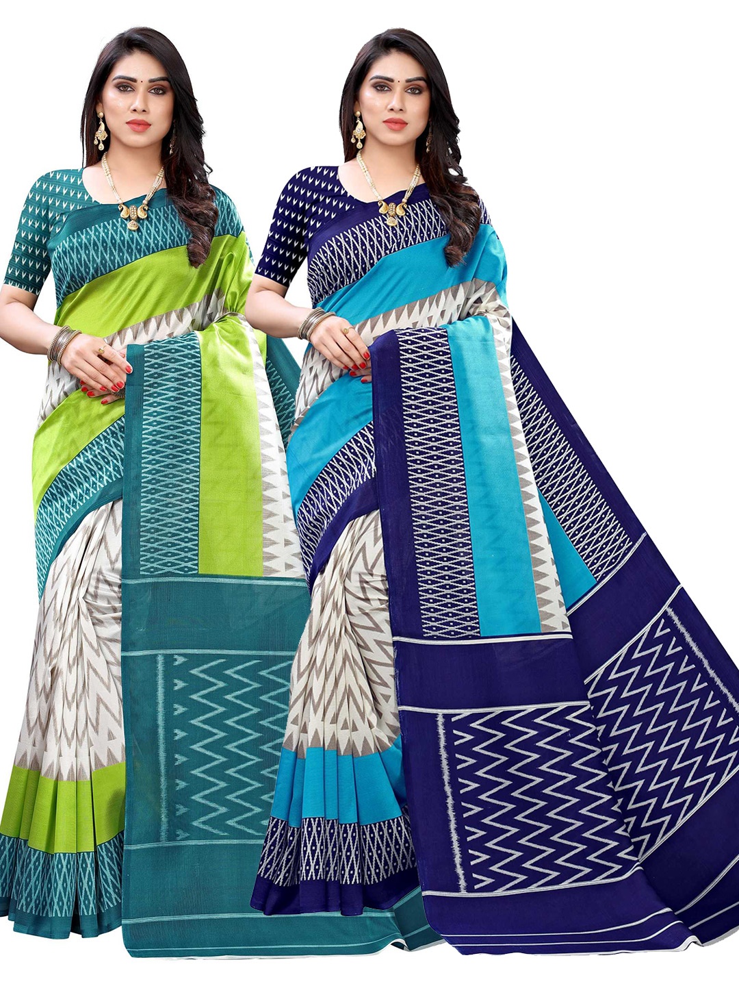 

AADVIKA Blue & Green Geometric Print Cotton Blend Saree
