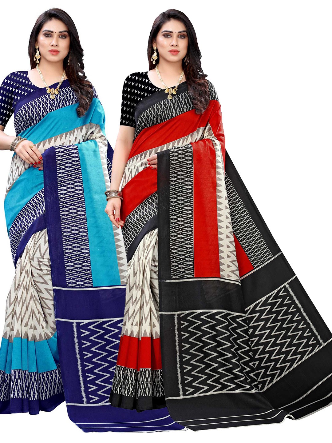 

AADVIKA Pack of 2 Women Blue & Red Geometric Printed Sarees
