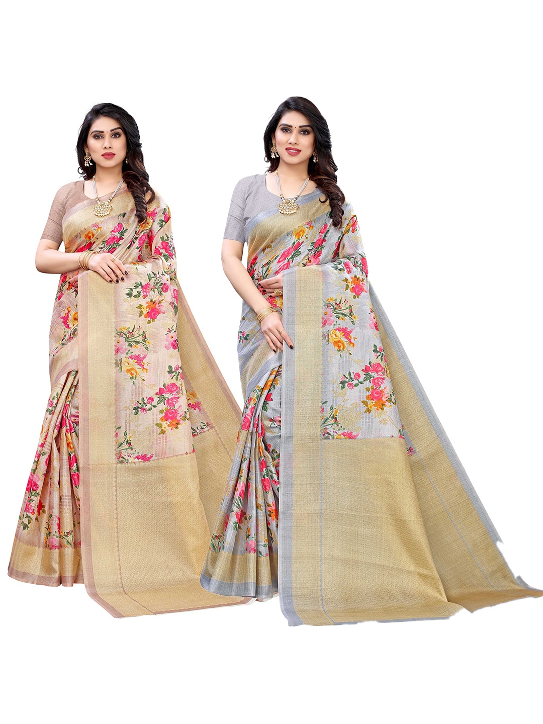 

AADVIKA Pack of 2 Women Beige & Grey Floral Print Sarees