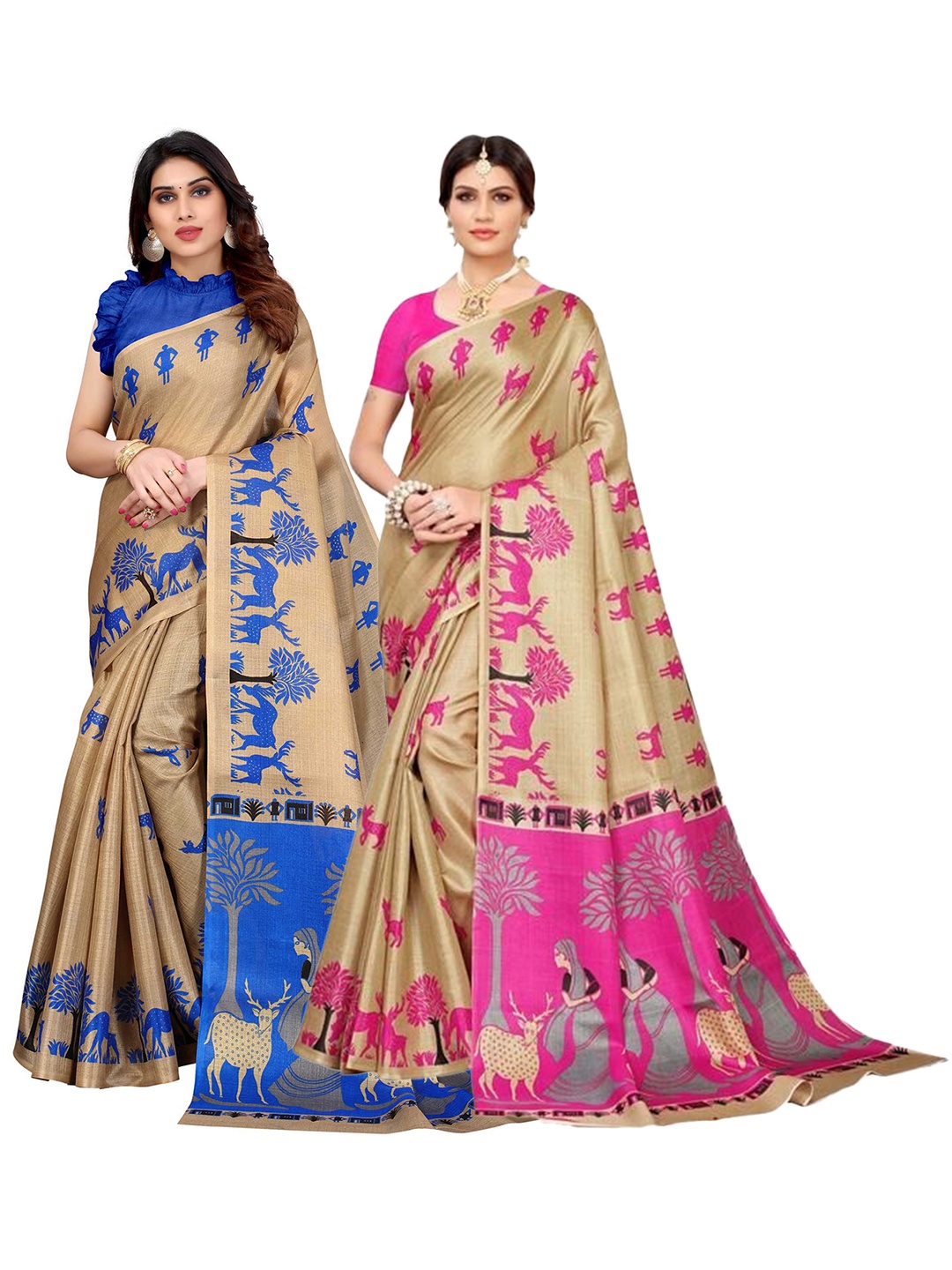 

AADVIKA Pack of 2 Women Gold Toned Blue & Pink Kalamkari Printed Sarees