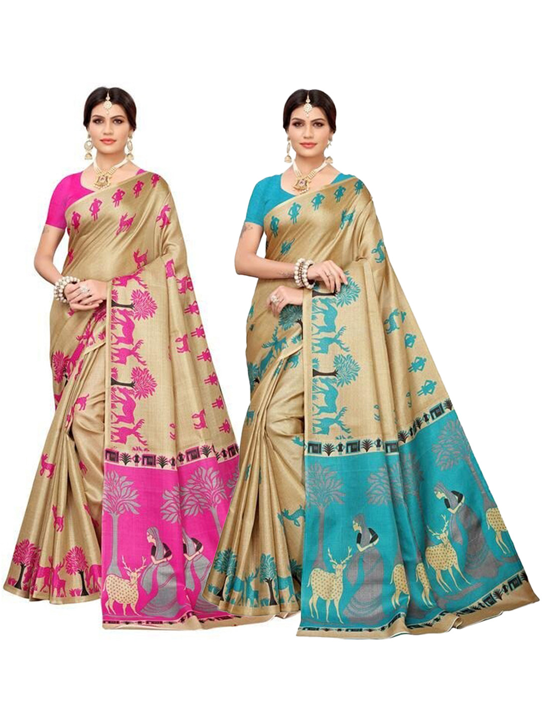 

AADVIKA Pack of 2 Women Gold Toned Pink & Blue Kalamkari Printed Sarees