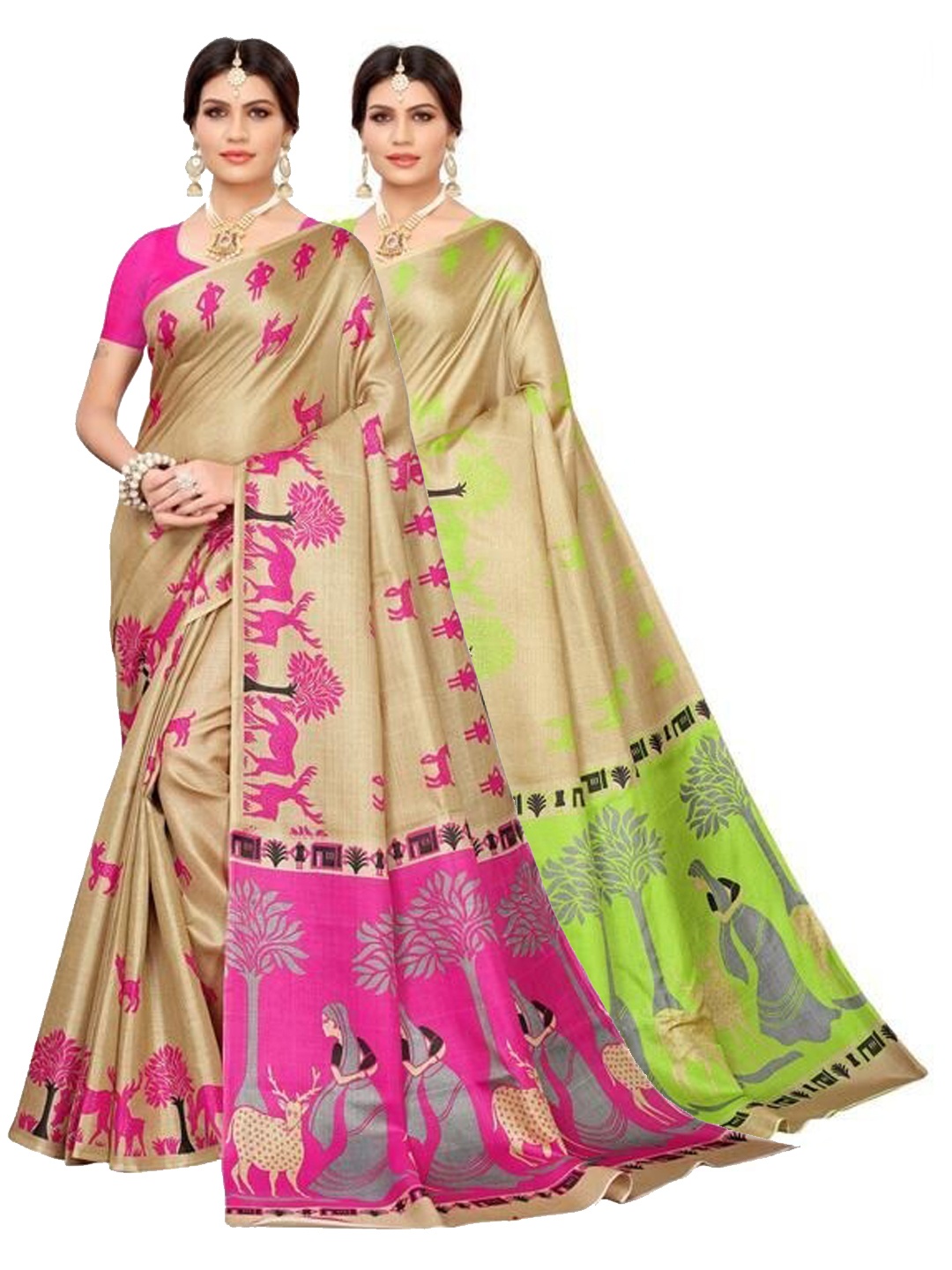 

AADVIKA Pack of 2 Women Gold Toned Pink & Green Printed Kalamkari Sarees