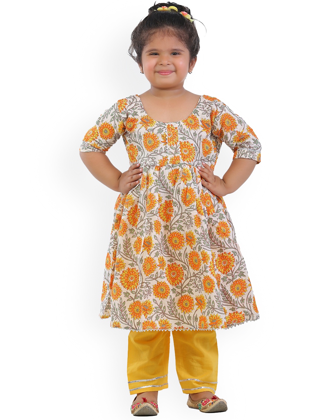 

Ahhaaaa Girls Mustard Yellow Floral Printed Empire Pure Cotton Kurta with Trousers