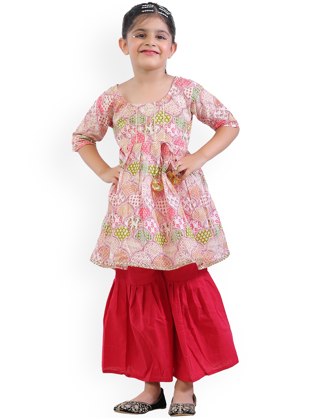 

ahhaaaa Girls Pink Floral Printed Pleated Pure Cotton Kurti with Sharara