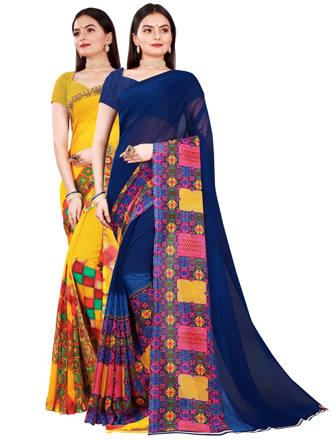 

SAADHVI Navy Blue & Yellow Set of 2 Pure Georgette Saree