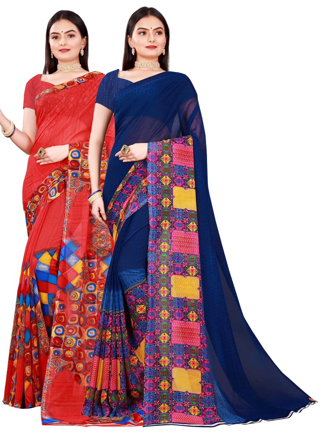 

SAADHVI Navy Blue & Red Set of 2 Pure Georgette Saree