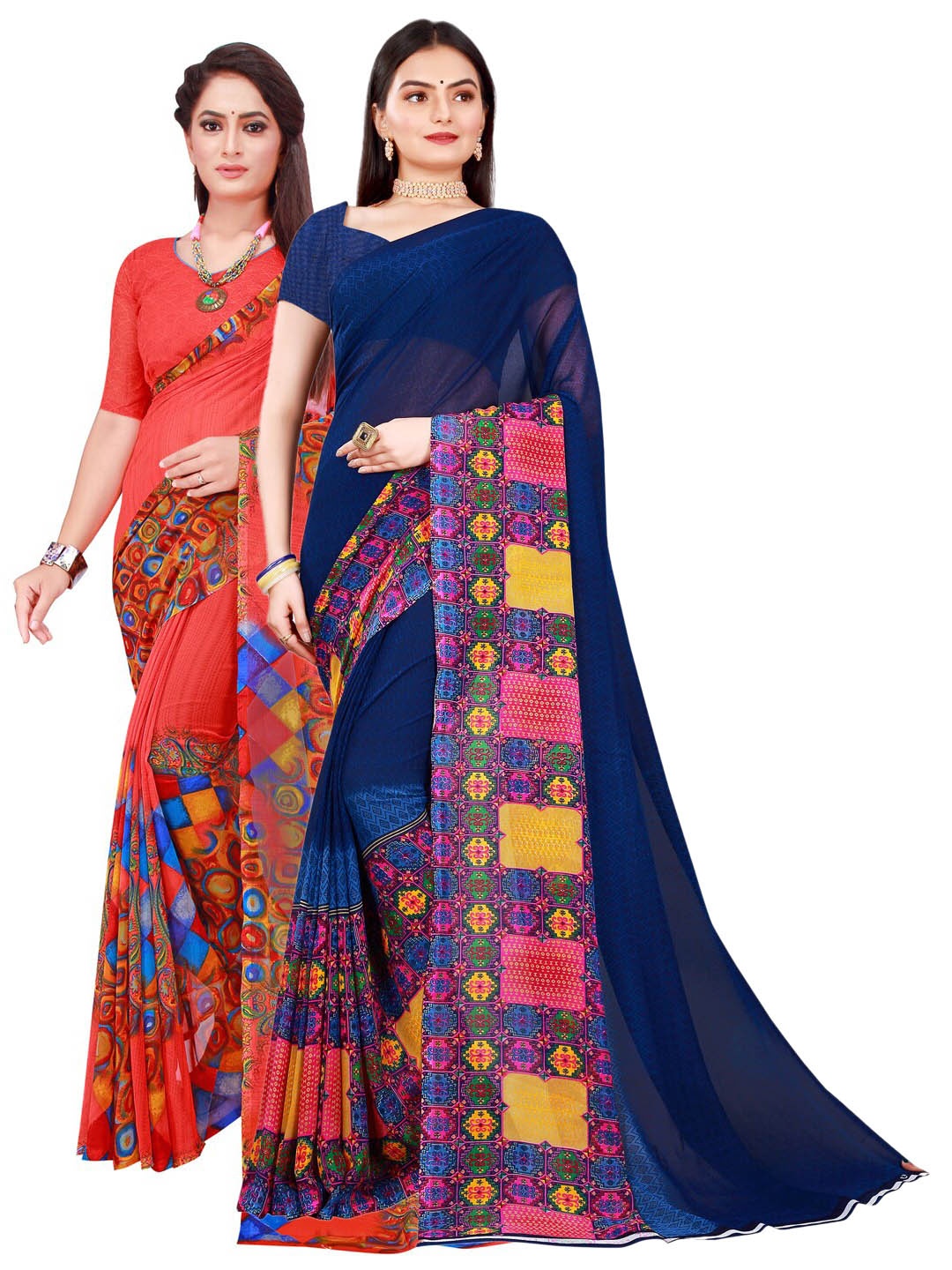 

SAADHVI Navy Blue & Red Set of 2 Pure Georgette Saree