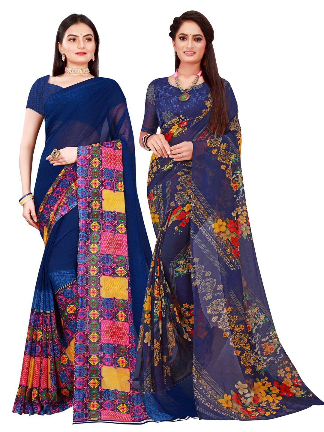 

SAADHVI Navy Blue & Yellow Set of 2 Pure Georgette Saree
