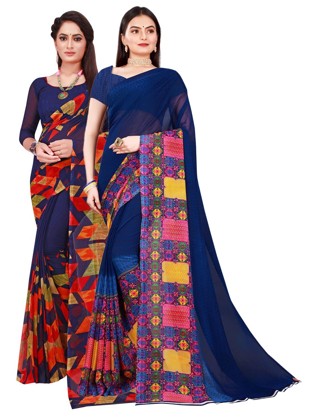

SAADHVI Navy Blue & Yellow Set of 2 Pure Georgette Saree