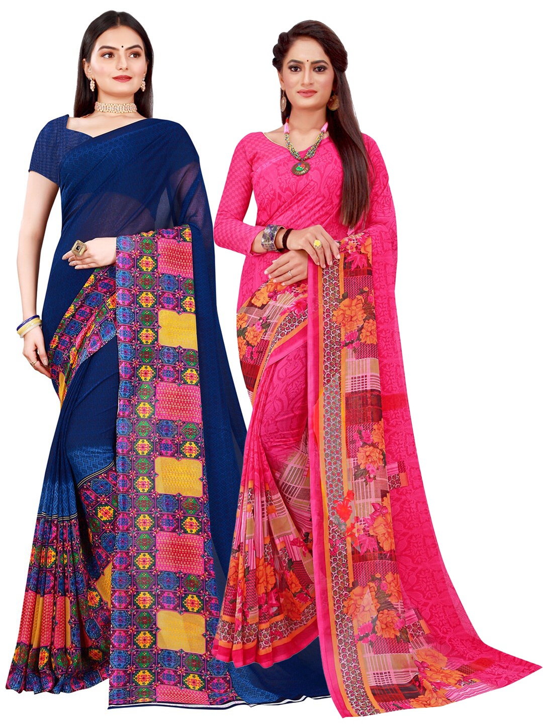 

SAADHVI Pink & Navy Blue Set of 2 Pure Georgette Saree