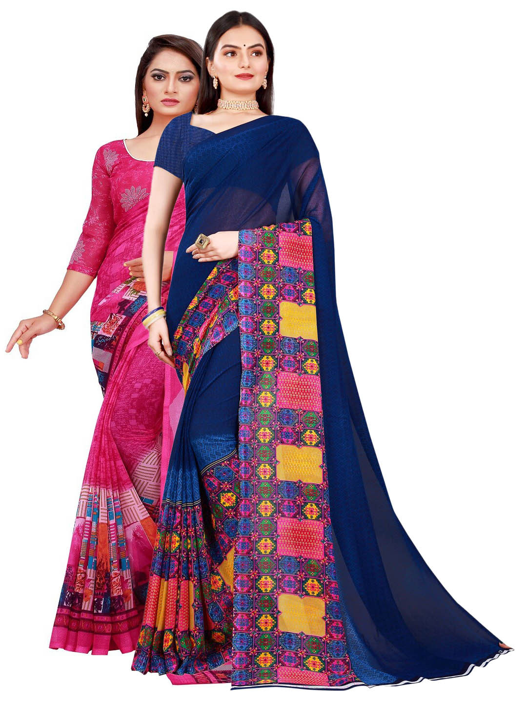 

SAADHVI Magenta & Navy Blue Set of 2 Pure Georgette Saree