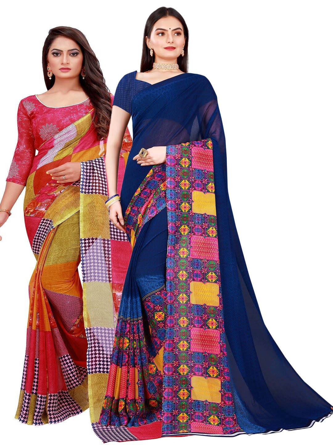 

SAADHVI Red & Navy Blue Set of 2 Pure Georgette Saree