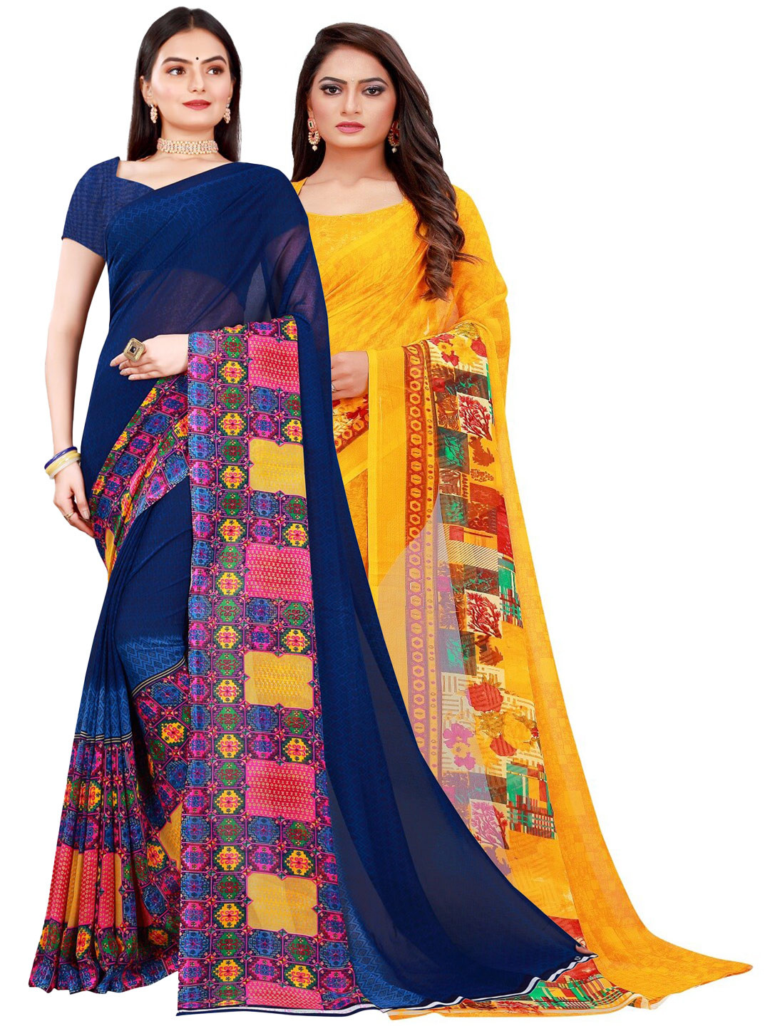 

SAADHVI Navy Blue & Yellow Set of 2 Pure Georgette Saree