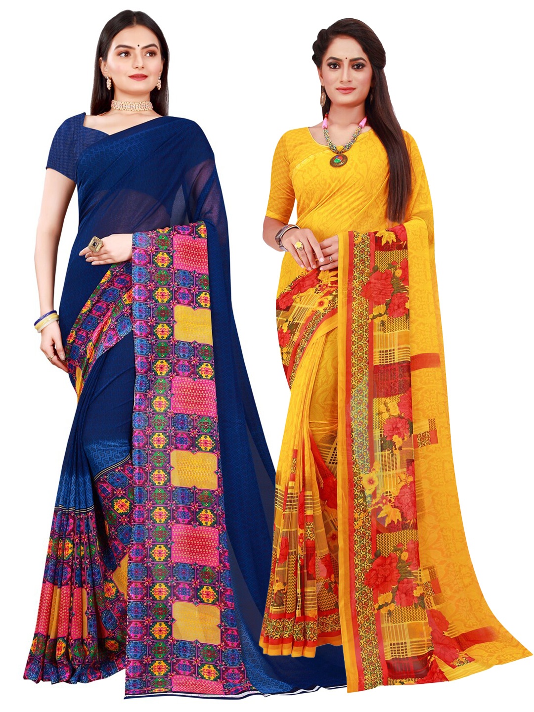 

SAADHVI Yellow & Navy Blue Set of 2 Pure Georgette Saree