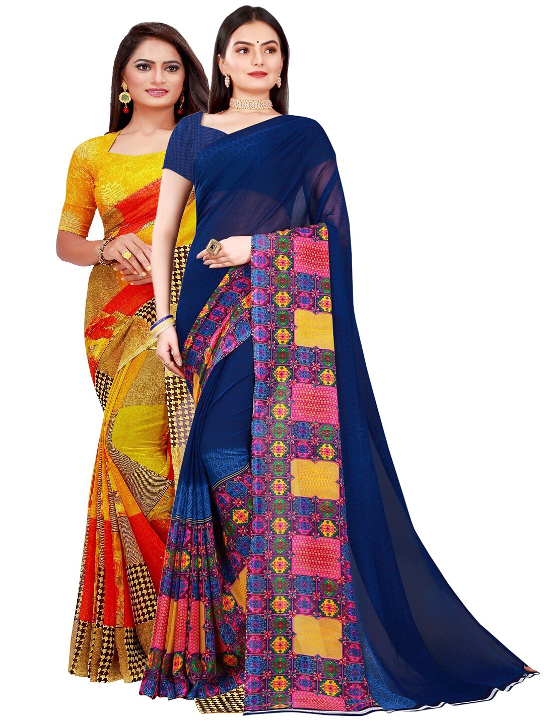 

SAADHVI Navy Blue & Yellow Set of 2 Pure Georgette Saree