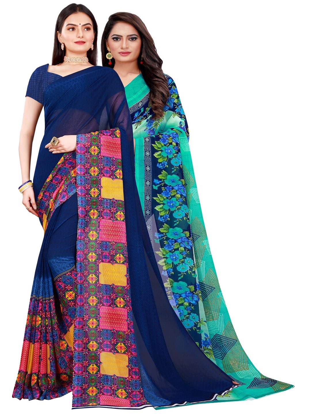 

SAADHVI Teal & Navy Blue Set of 2 Pure Georgette Saree