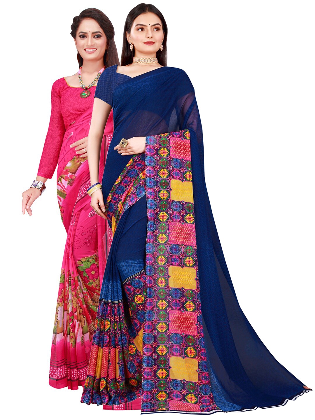 

SAADHVI Navy Blue & Pink Set of 2 Pure Georgette Saree