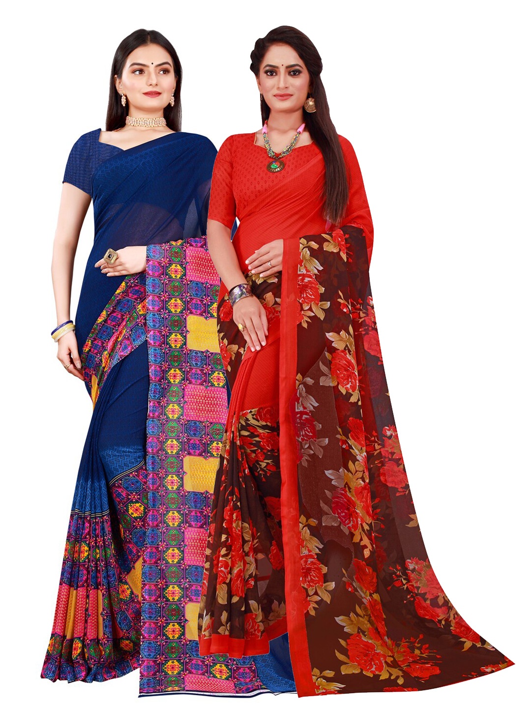 

SAADHVI Navy Blue & Red Set of 2 Pure Georgette Saree