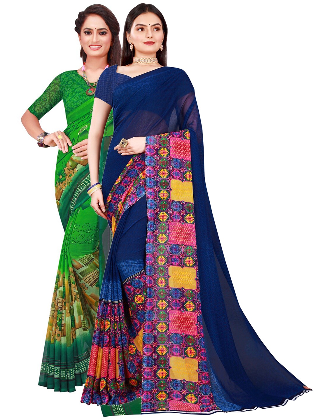 

SAADHVI Navy Blue & Green Set of 2 Pure Georgette Saree
