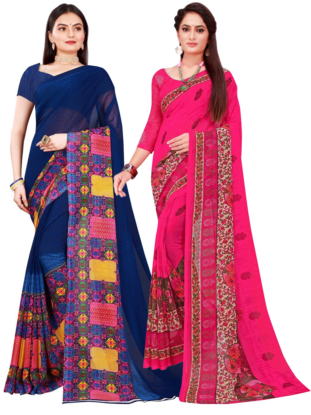 

SAADHVI Navy Blue & Magenta Set of 2 Pure Georgette Saree