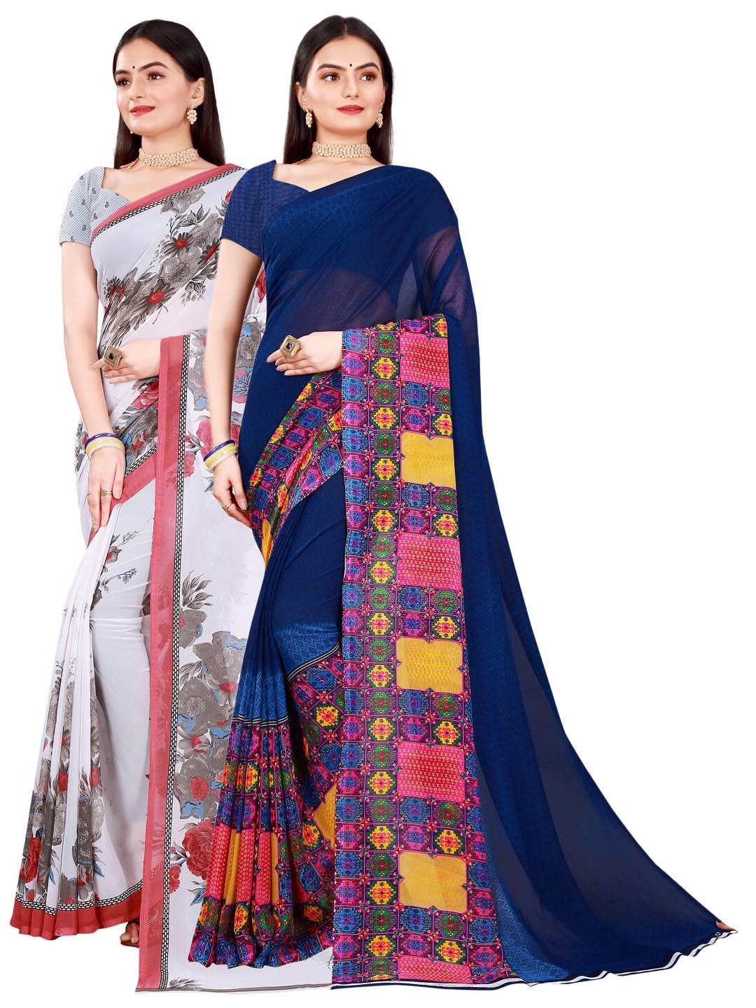 

SAADHVI Navy Blue & White Set of 2 Pure Georgette Saree