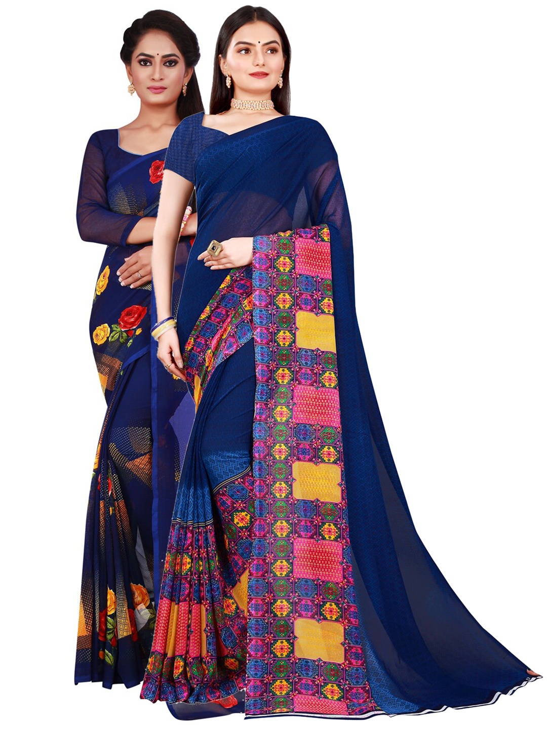 

SAADHVI Navy Blue & Pink Set of 2 Pure Georgette Saree
