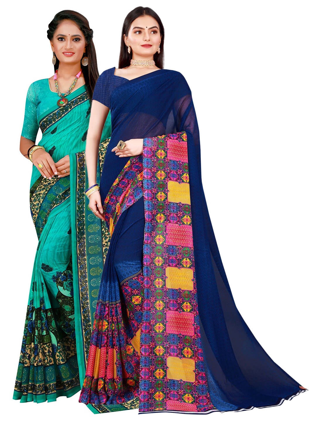

SAADHVI Navy Blue & Teal Set of 2 Pure Georgette Saree