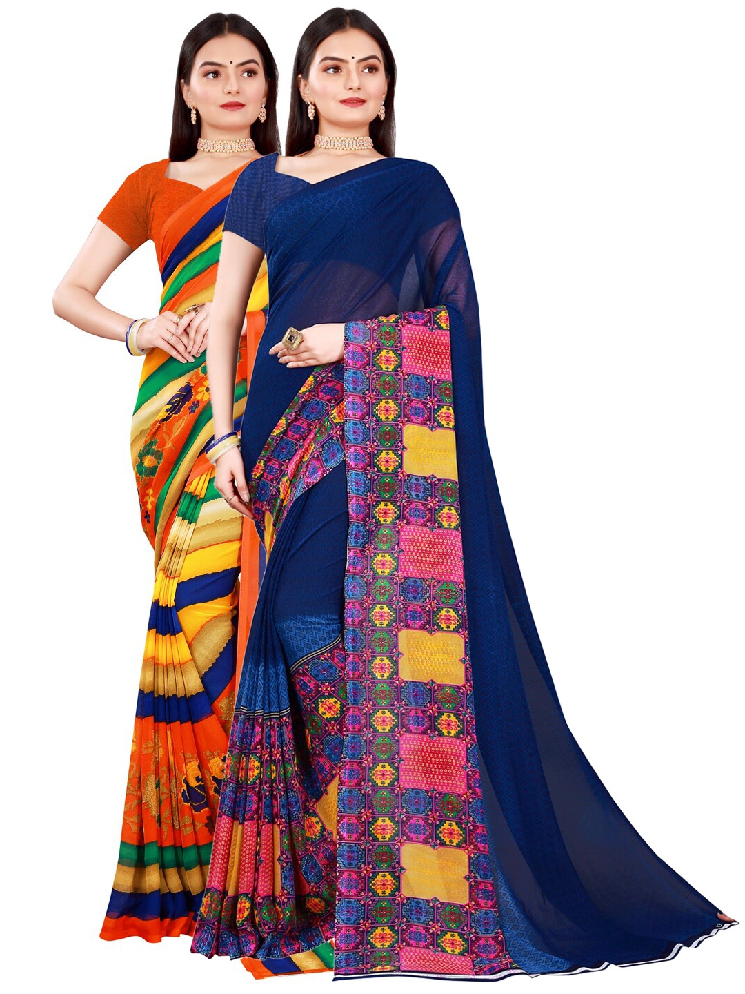 

SAADHVI Navy Blue & Orange Set of 2 Pure Georgette Saree