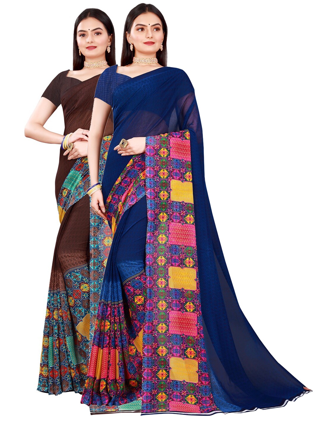 

SAADHVI Brown & Navy Blue Pure Georgette Saree