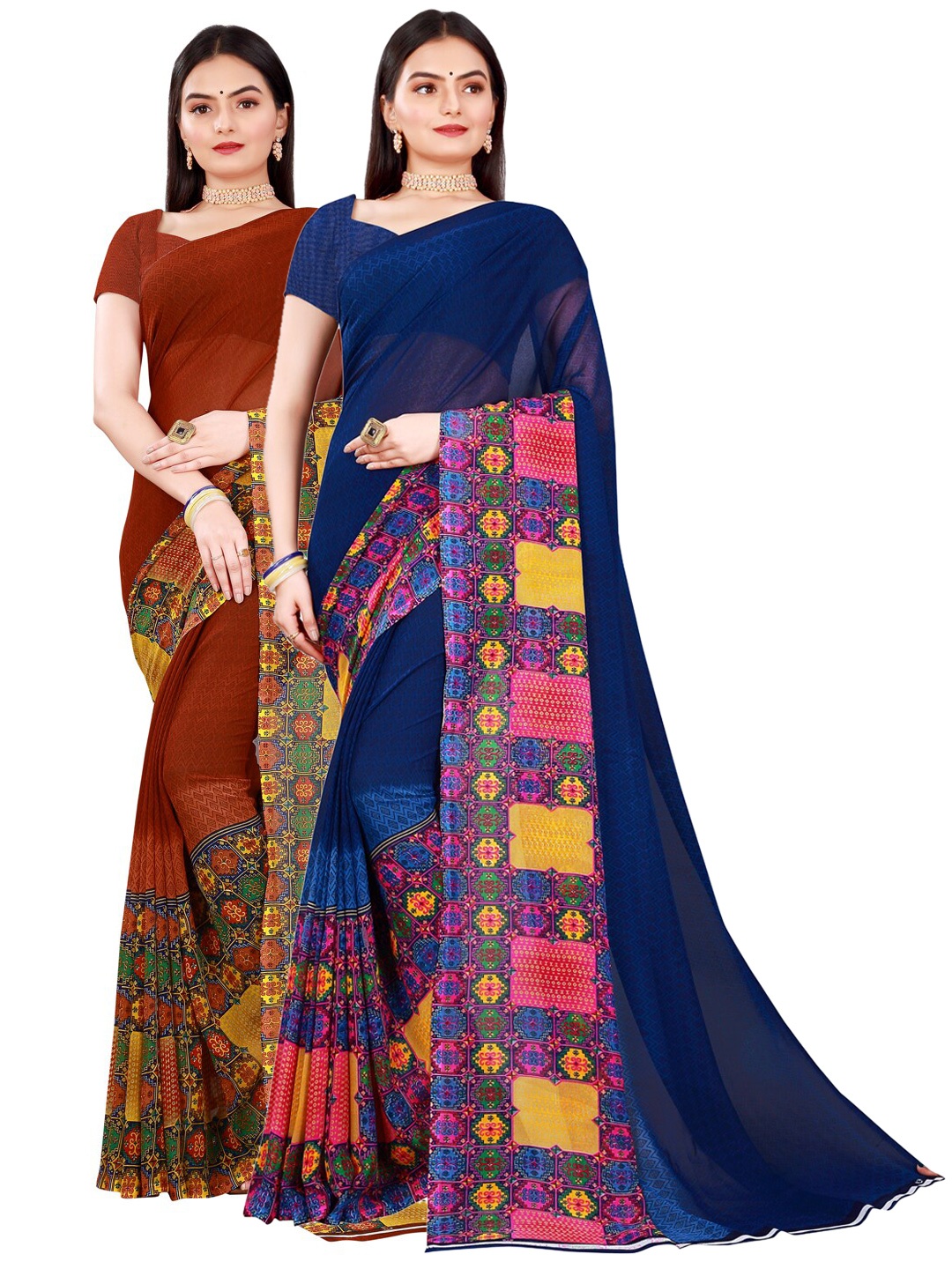 

SAADHVI Navy Blue & Brown Set of 2 Pure Georgette Saree