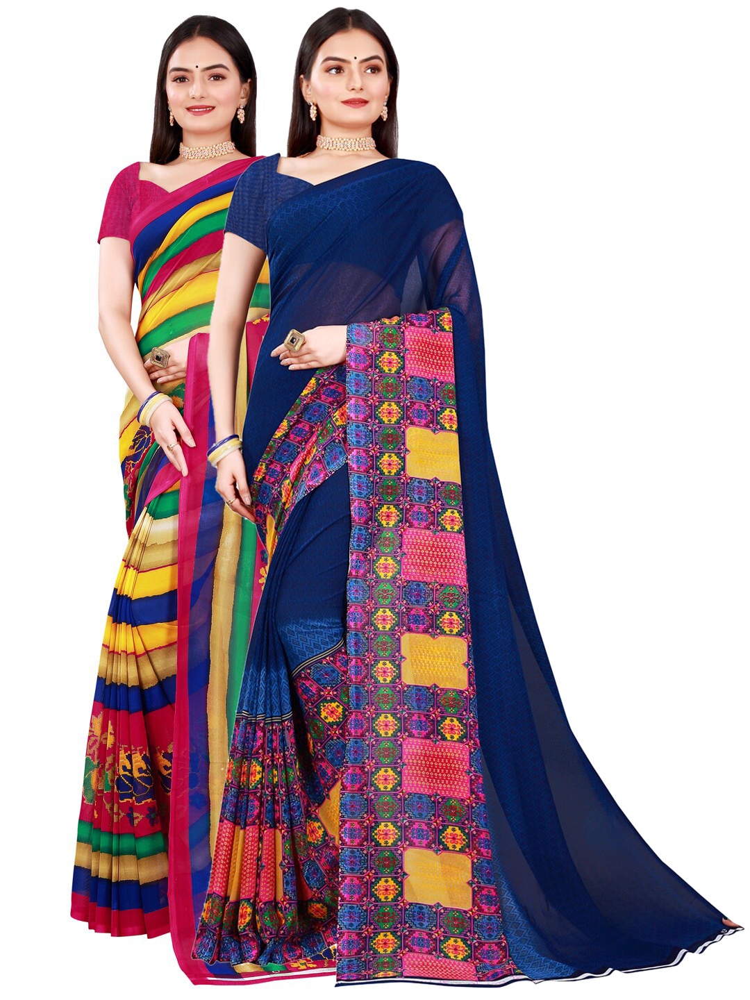 

SAADHVI Navy Blue & Orange Set of 2Pure Georgette Saree