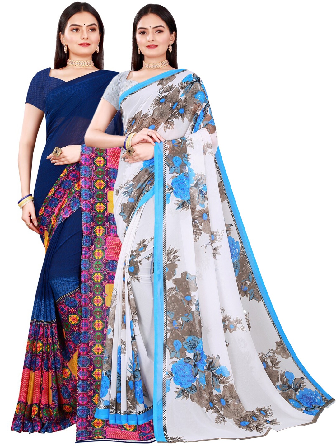 

SAADHVI Navy Blue & White Set of 2 Pure Georgette Saree
