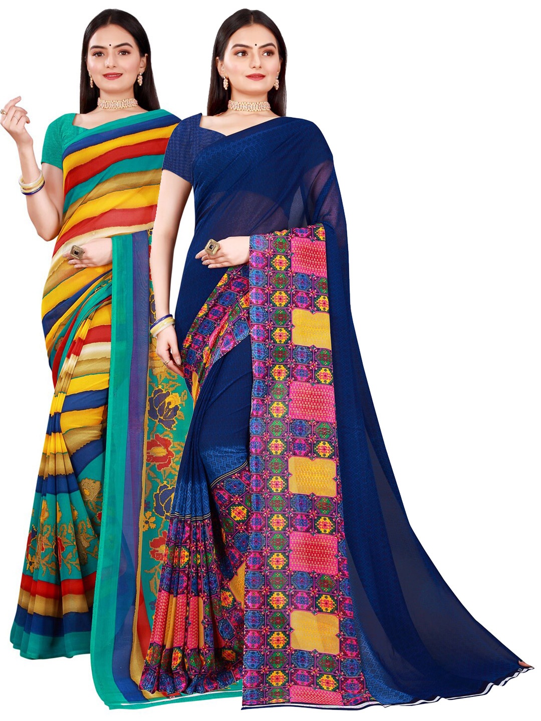 

SAADHVI Navy Blue & Orange Set of 2 Pure Georgette Saree