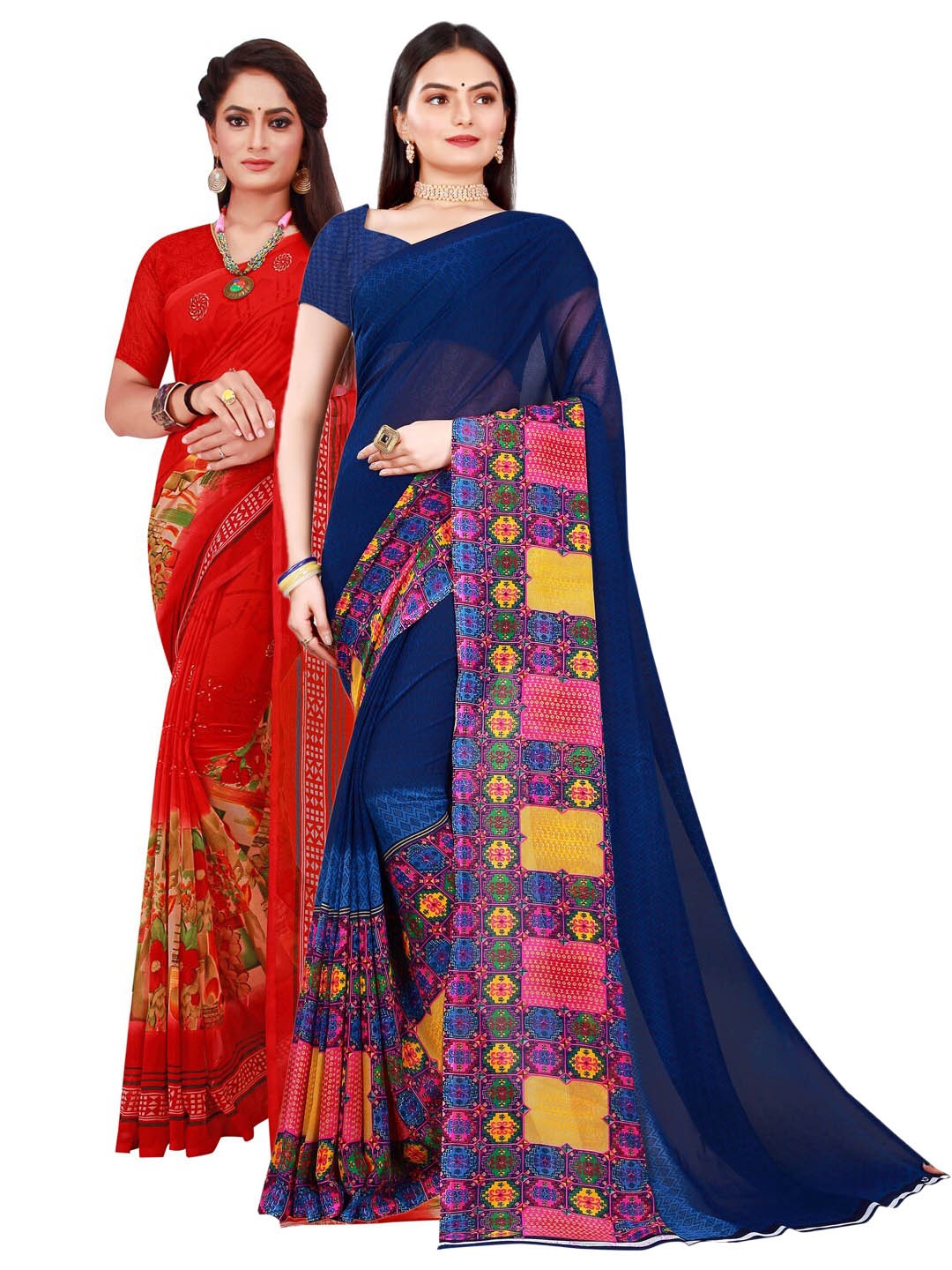 

SAADHVI Navy Blue & Red Set of 2 Pure Georgette Saree
