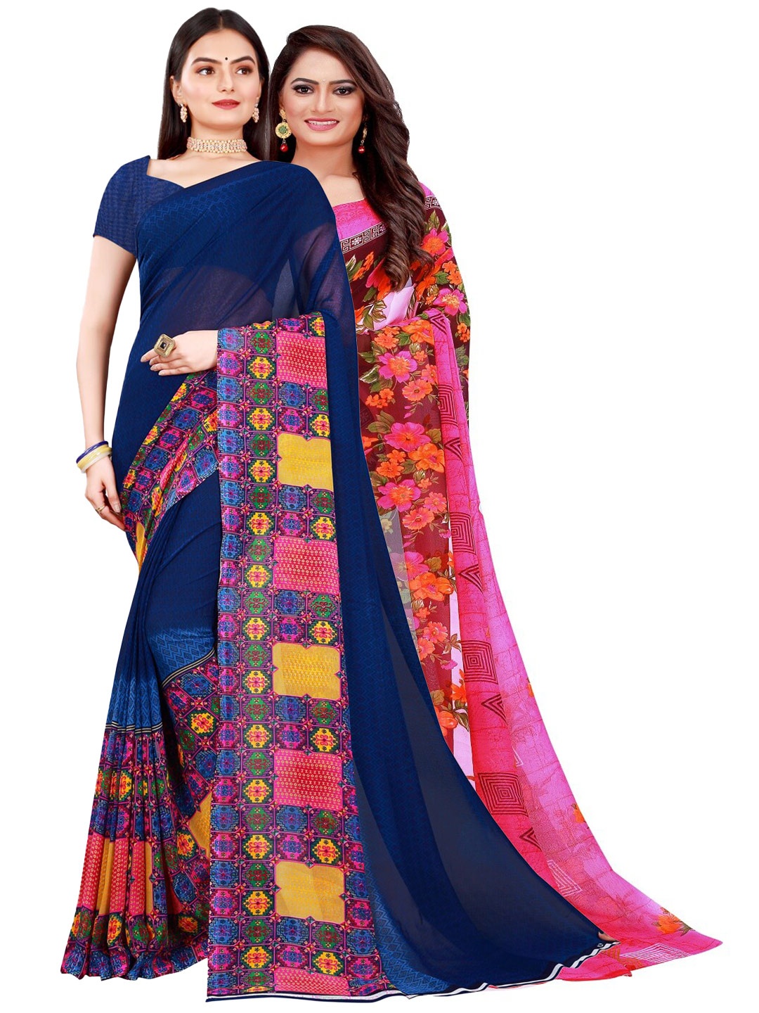 

SAADHVI Navy Blue & Pink Set of 2 Pure Georgette Saree